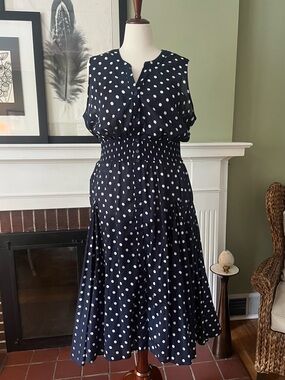 Chelsea & Theodore Cotton Polka Dot Midi Dress | Smocked Waist | Size 2X